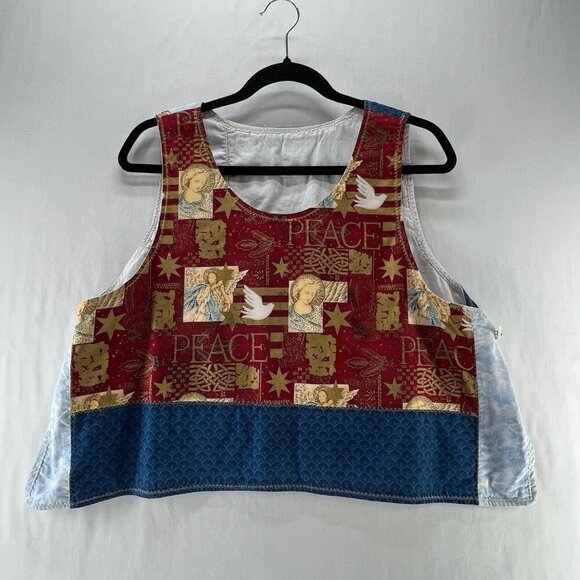 Unbranded Jackets & Blazers - Handmade Upcycled Patchwork Vest Womens Angel Dove Peace Print Crop Top Blue Red